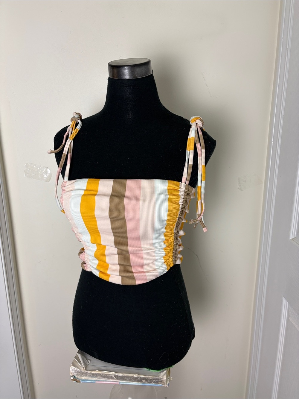 Aerie Bandeau Striped Pastel Tie-Shoulder Tube Top - Yellow, Pink, Blue, Tan